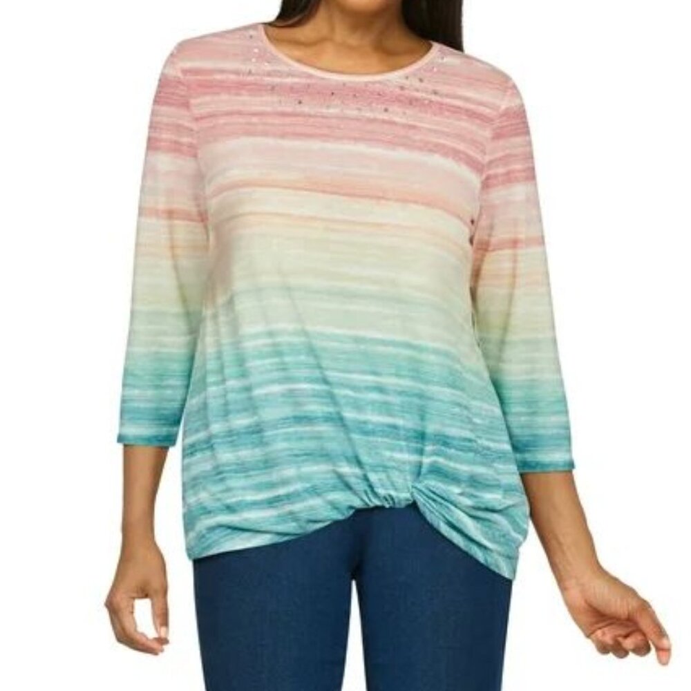 Alfred Dunner ombre top sz XL with rhinestone embellished accents & twist hem